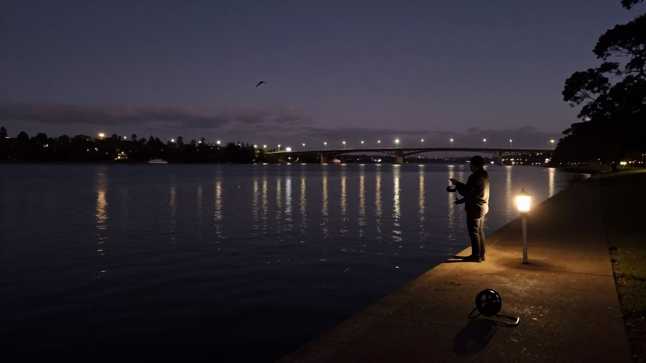 Perth Western Australia Predawn River Scene With Kite Reel And Lantern in in Perth, Western Australia, Australia