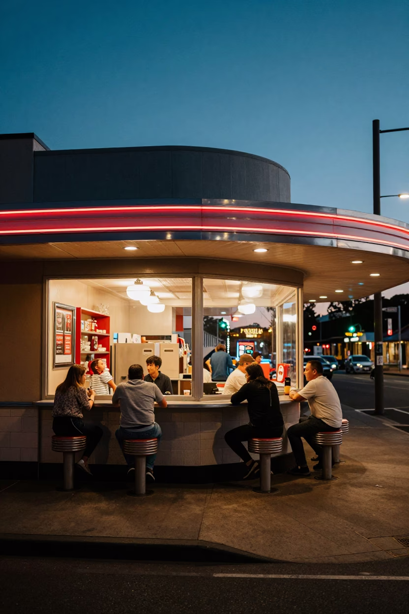 Perth Western Australia predawn street scene with vintage 1960s diner counter and kitchen timer in in Perth, Western Australia, Australia