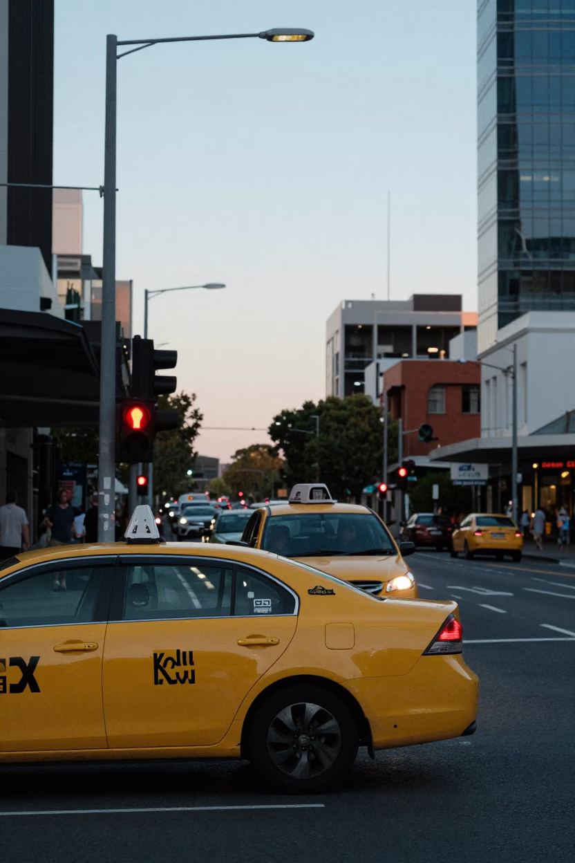 Perth Western Australia street scene at dawn with yellow taxi and bridge maintenance cradle in in Perth, Western Australia, Australia