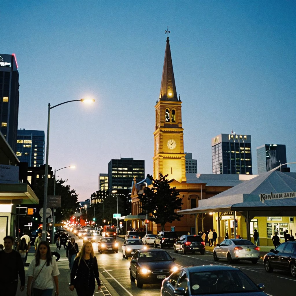 Perth Western Australia street scene at dusk with bell tower and busy evening traffic in in Perth, Western Australia, Australia