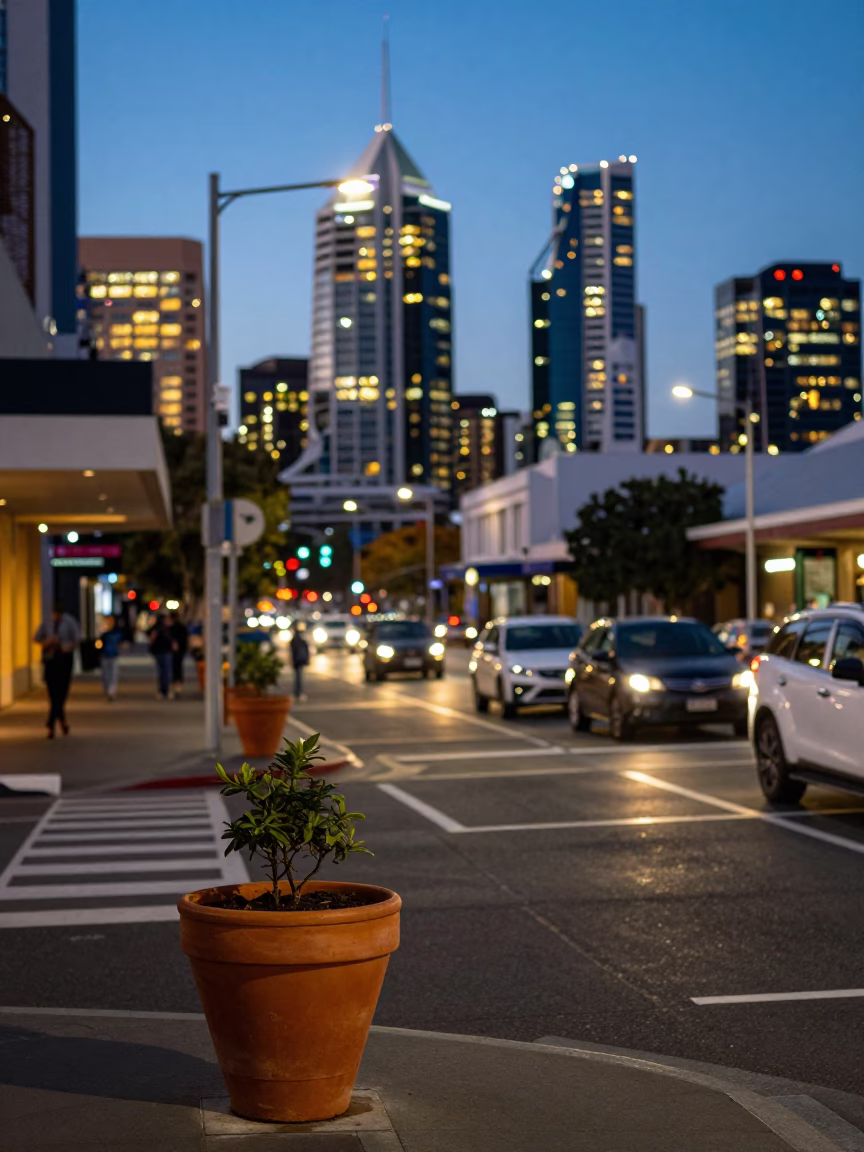 Perth Western Australia street scene at dusk with terracotta pot and linen fringe details in in Perth, Western Australia, Australia
