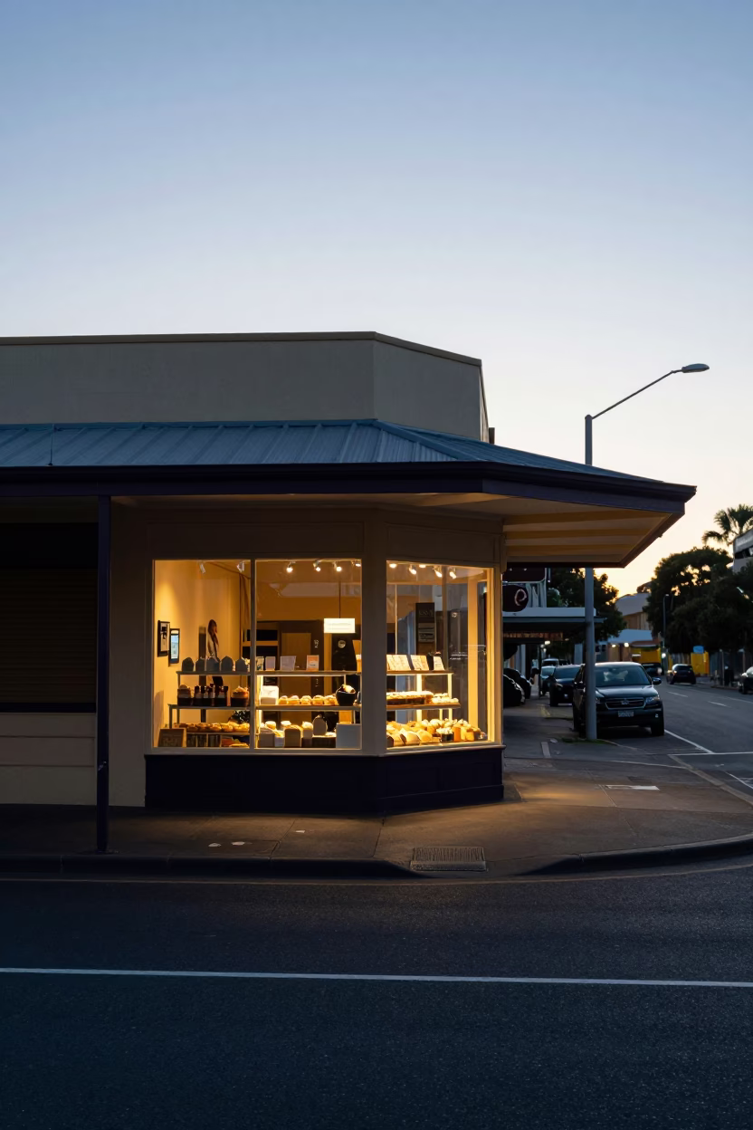 Perth Western Australia Street Scene Before Sunrise with Local Bakery Elements in in Perth, Western Australia, Australia