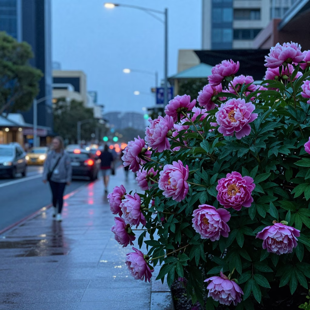 Perth Western Australia street scene before sunrise with peony bush and vintage 1950s architecture in in Perth, Western Australia, Australia