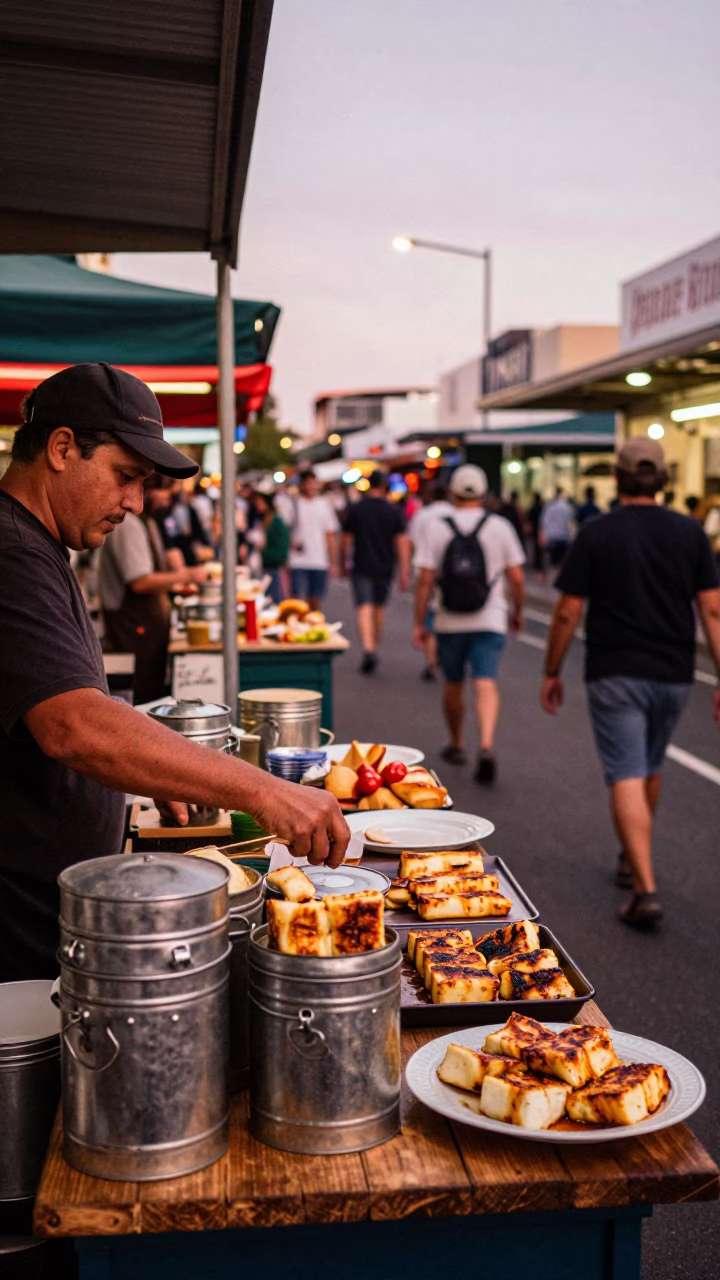Perth Western Australia street scene with storage tins and grilled halloumi before dusk in in Perth, Western Australia, Australia