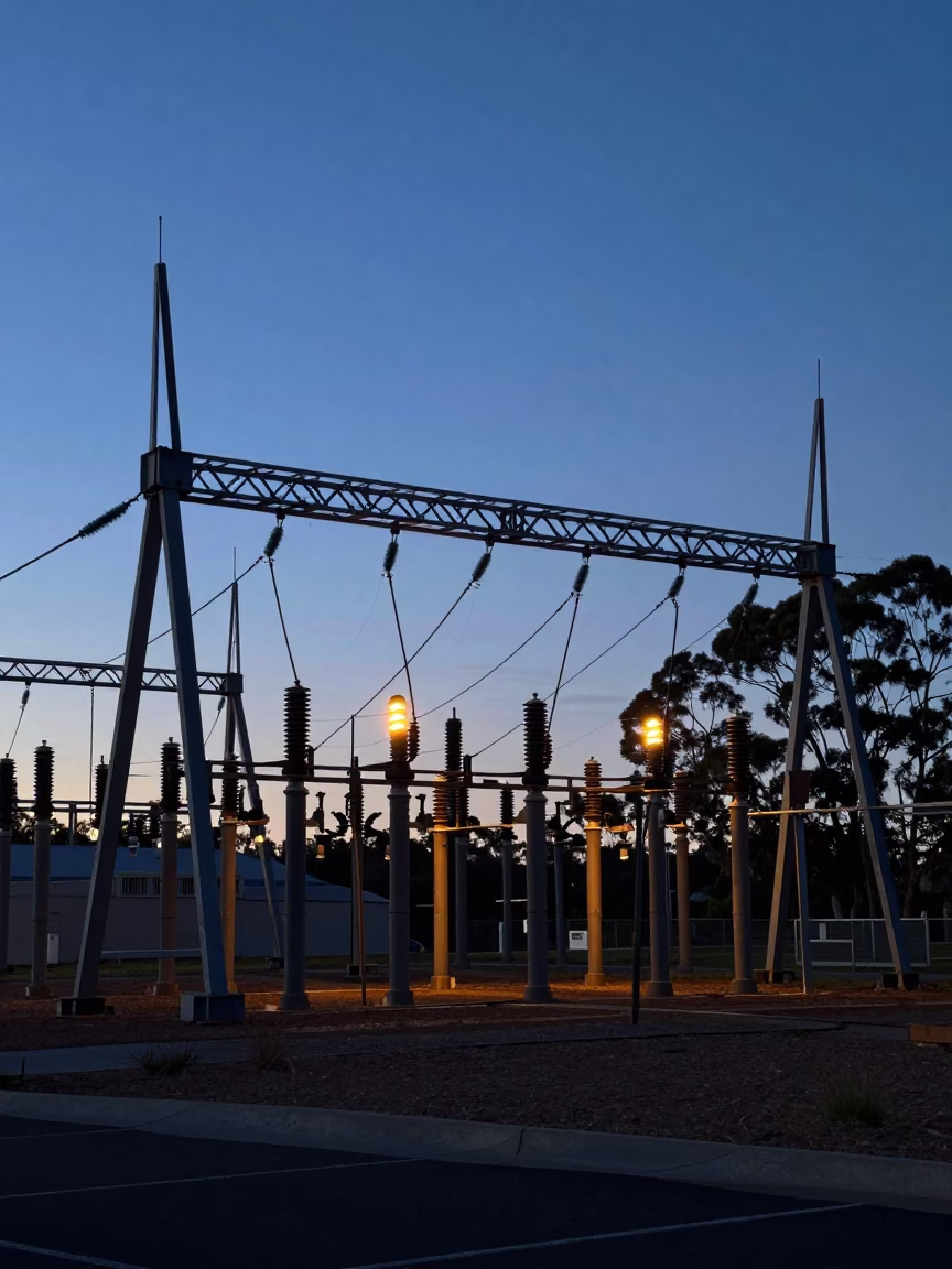 Perth Western Australia Substation Busbars Glowing Faintly Under Ice-Blue Twilight Predawn Darkness in in Perth, Western Australia, Australia