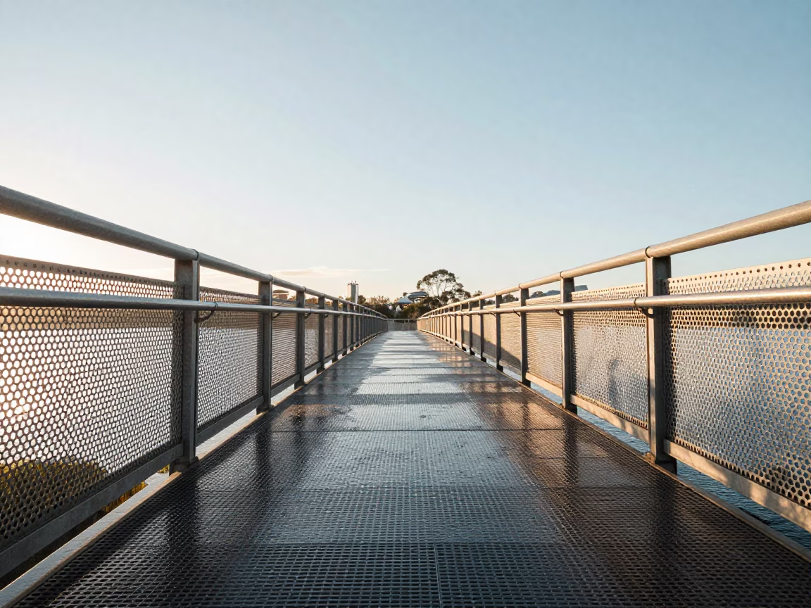 Perth Western Australia Sunrise Pedestrian Overpass Wet Footsteps Metal Walkway in in Perth, Western Australia, Australia