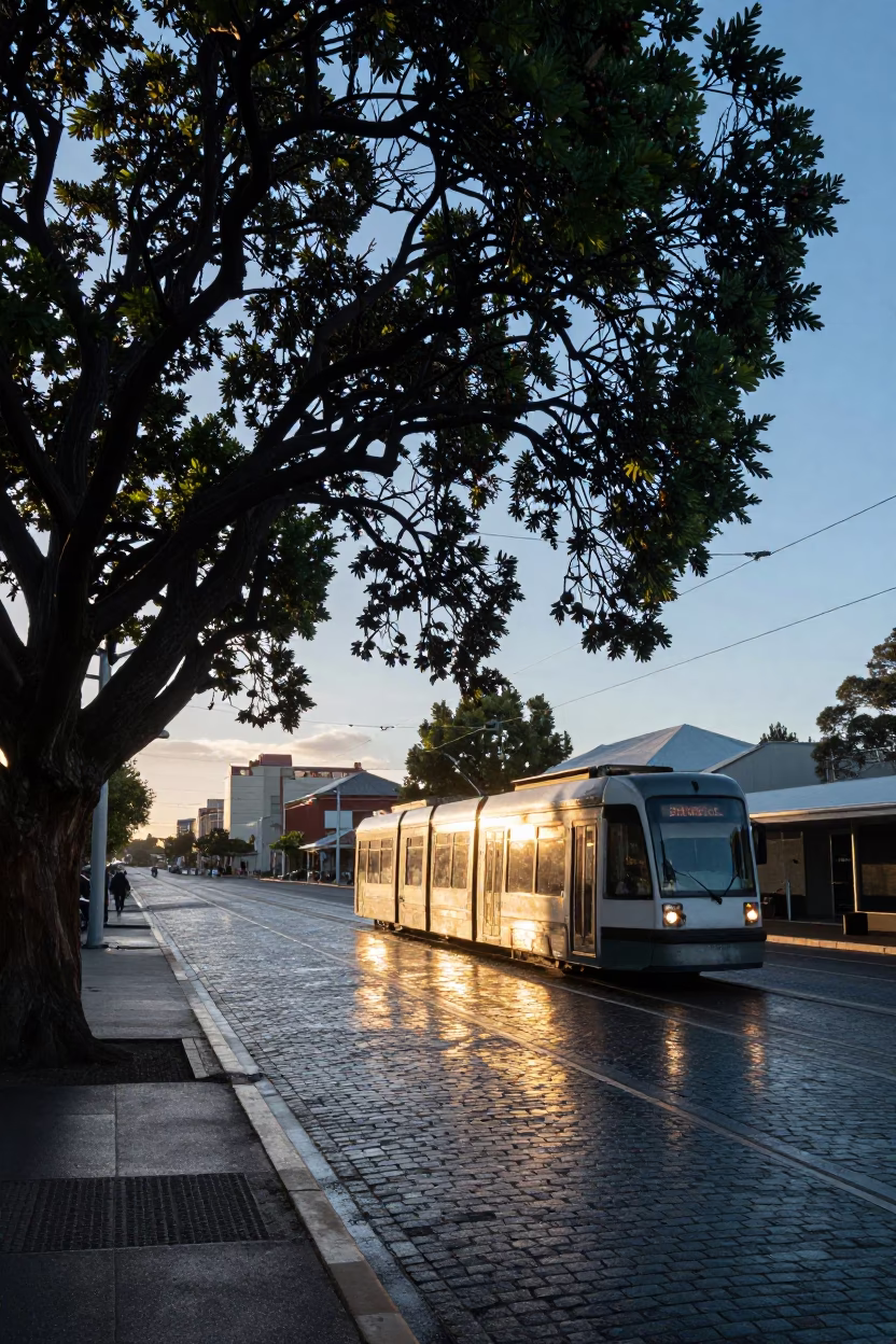 Perth Western Australia sunrise street scene with fig tree and tram reflection in in Perth, Western Australia, Australia