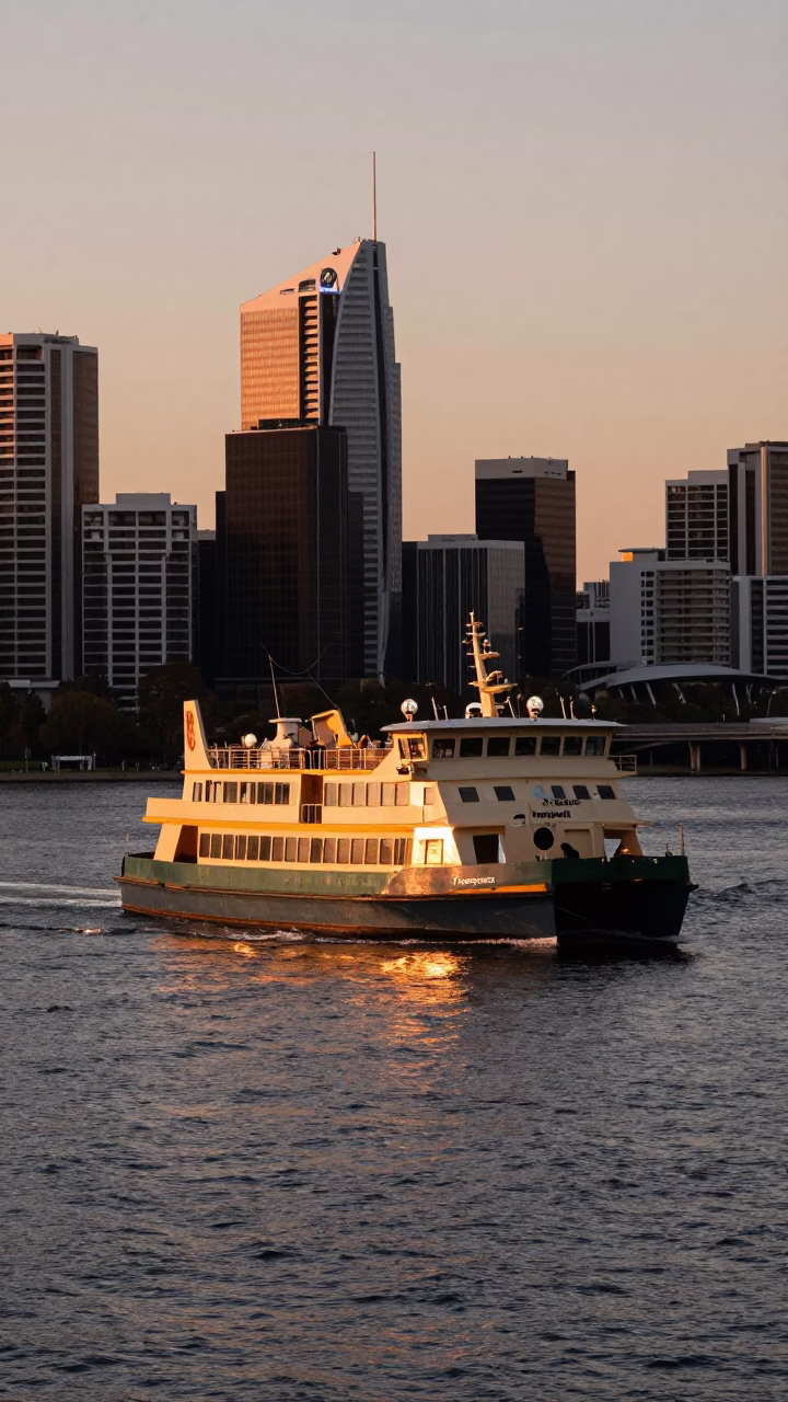 Perth Western Australia Sunset Ferry Crossing Swan River Copper Light in in Perth, Western Australia, Australia