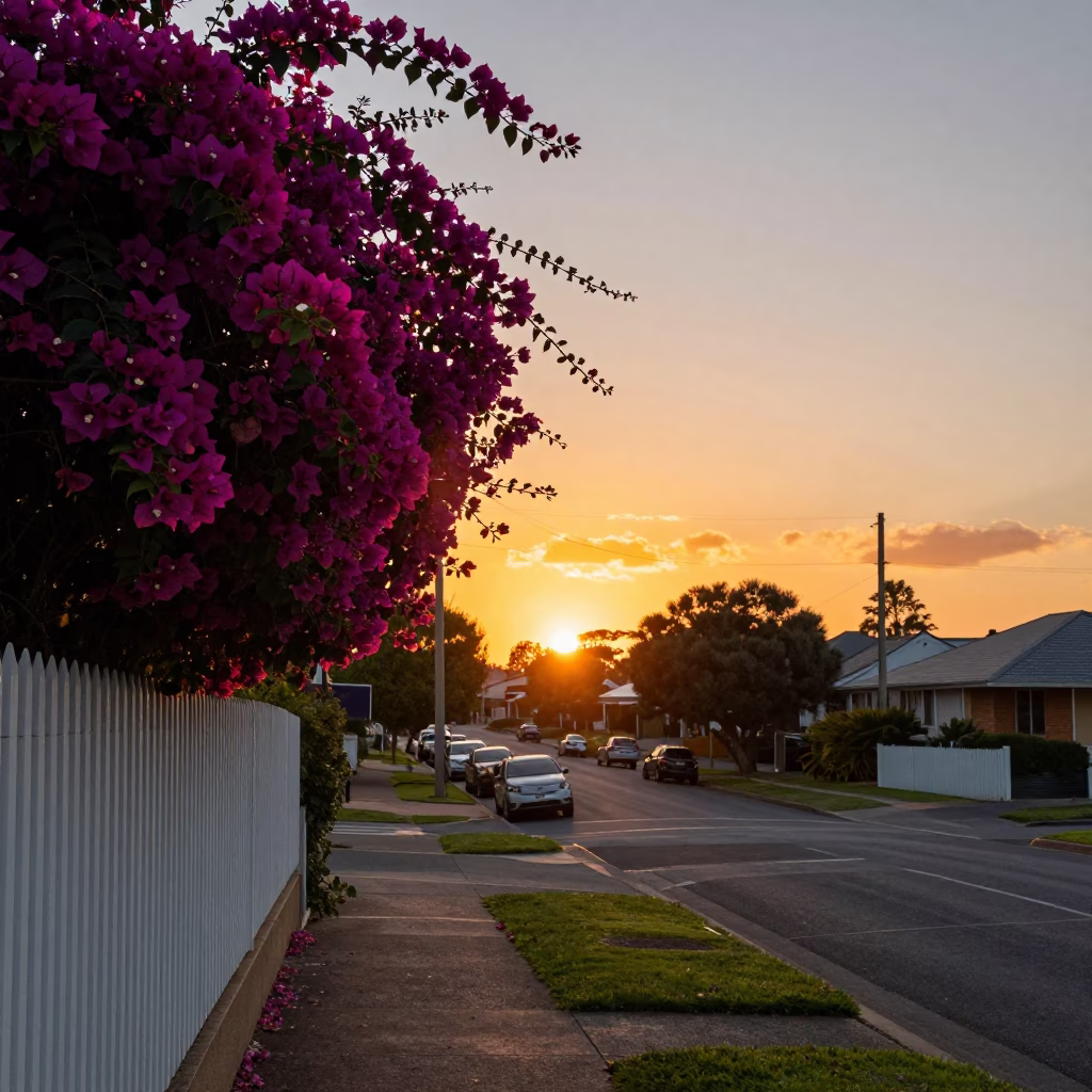 Perth Western Australia sunset landscape with bougainvillea and suburban street scene in in Perth, Western Australia, Australia