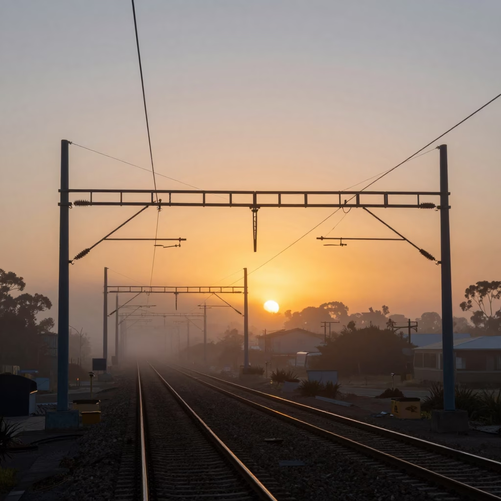Perth Western Australia Sunset Skytrain Rail Catenary System Industrial Fog Horizon in in Perth, Western Australia, Australia