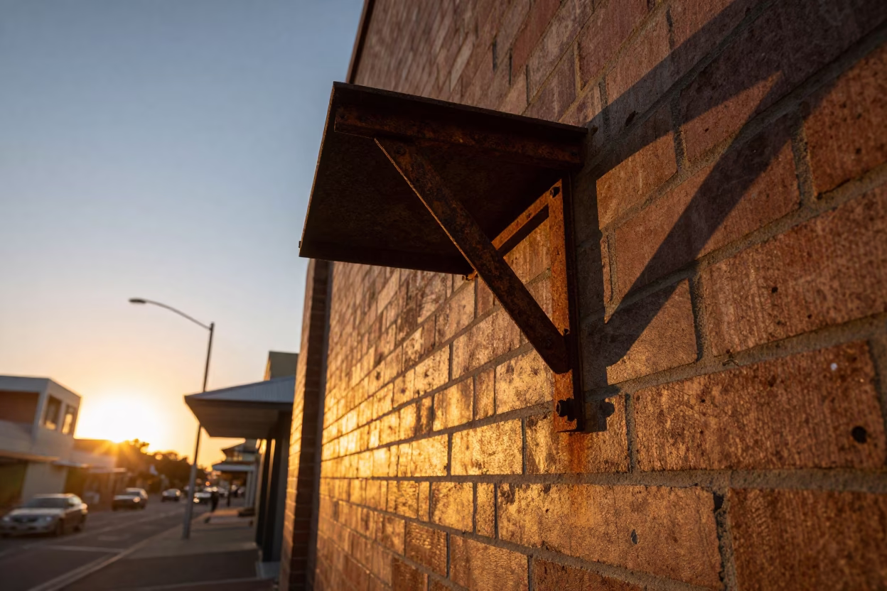 Perth Western Australia Sunset Street Scene with Rusty Shelf Bracket and Urban Decay in in Perth, Western Australia, Australia