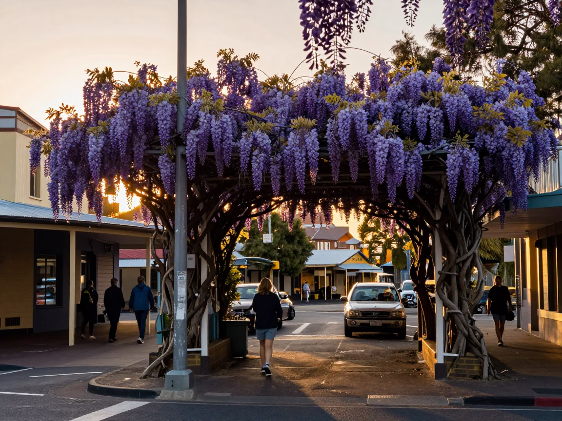 Perth Western Australia Sunset Street Scene with Wisteria Tunnel and Local Pedestrians in in Perth, Western Australia, Australia