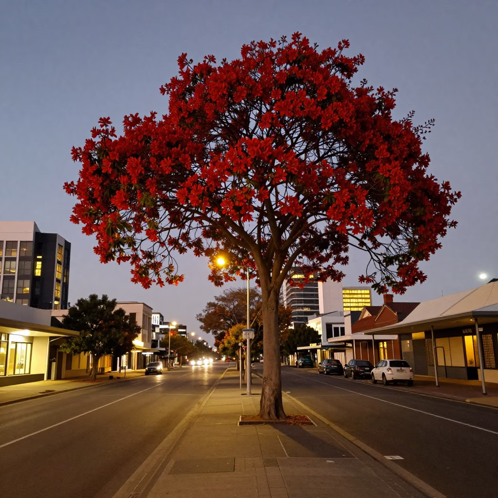 Perth Western Australia twilight street scene with flame tree bloom and city lights in in Perth, Western Australia, Australia