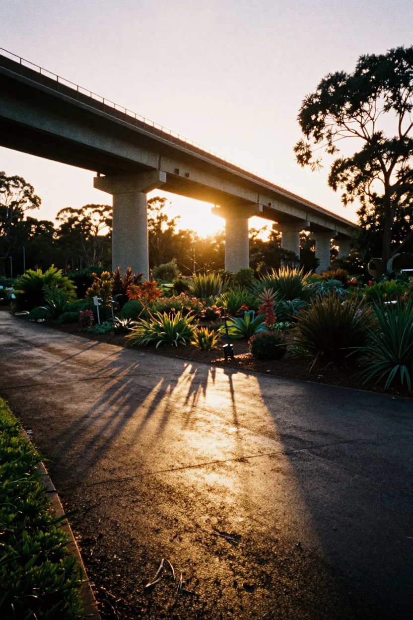 Perth Western Australia viaduct shadow cutting across allotment gardens after rain at sunset in in Perth, Western Australia, Australia