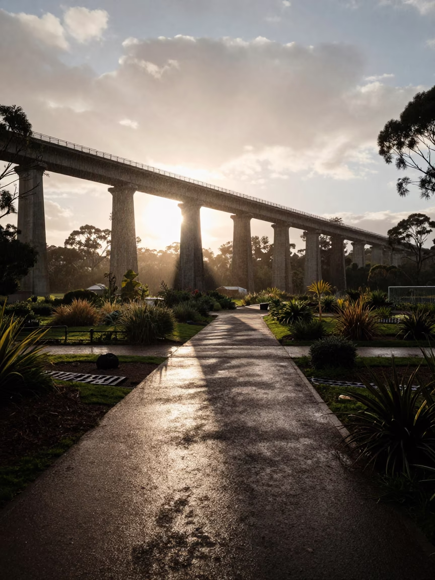 Perth Western Australia Viaduct Shadow Cutting Across Allotment Gardens After Rain Before Dawn in in Perth, Western Australia, Australia