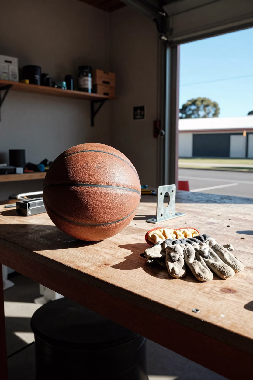 Perth Workshop Afternoon Light on Workbench Tools and Old Leather Ball in in Perth, Western Australia, Australia