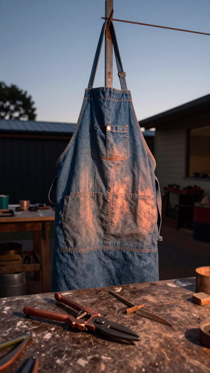 Perth workshop apron and pruning shears in copper dusk light in in Perth, Western Australia, Australia