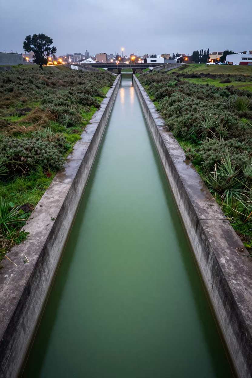 Peruvian Aqueduct Over Thistles at Dusk in beside a storm surge barrier in Peru
