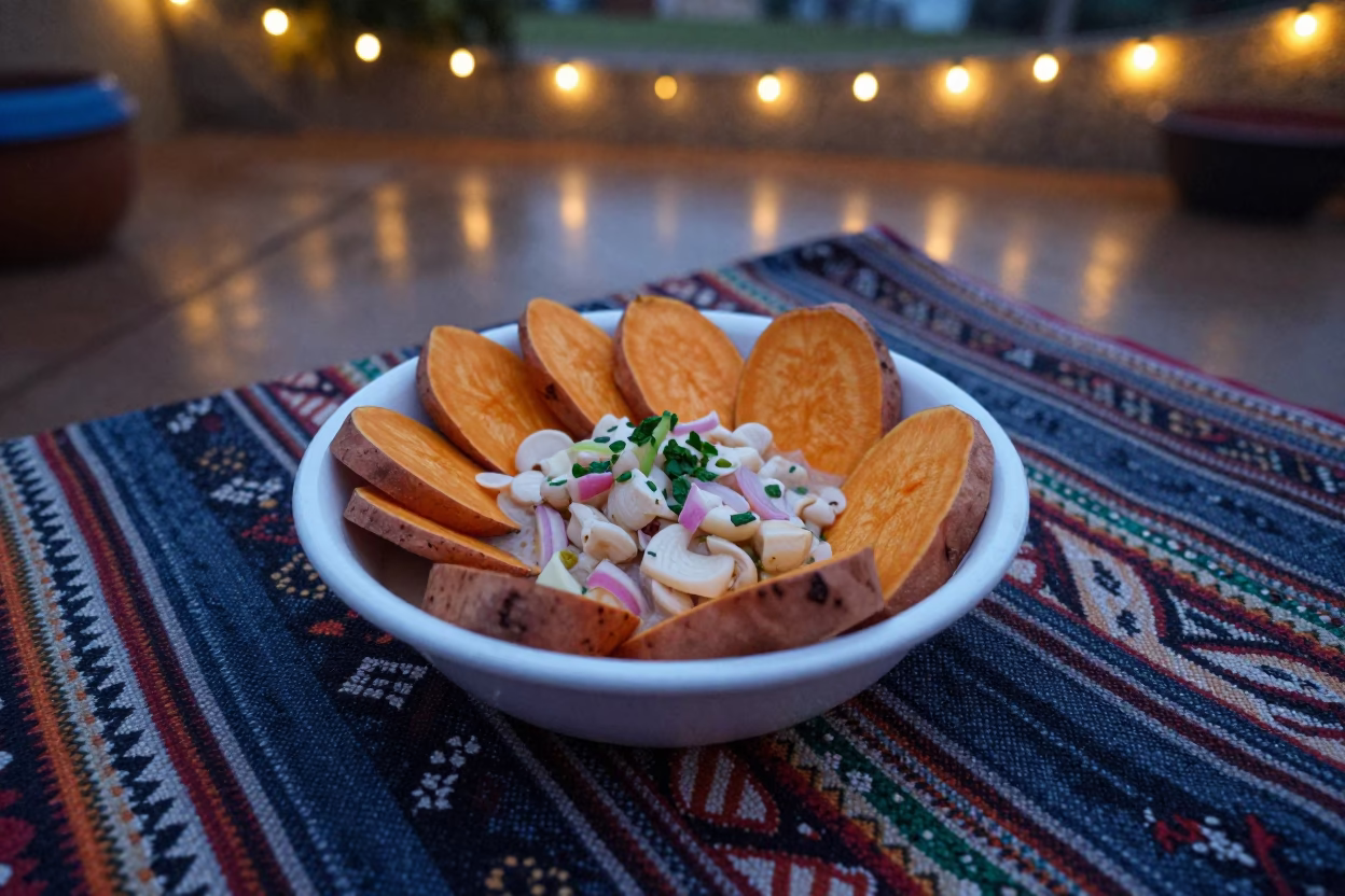 Peruvian Ceviche Bowl on Picnic Blanket at Twilight in on a picnic blanket in Qingdao