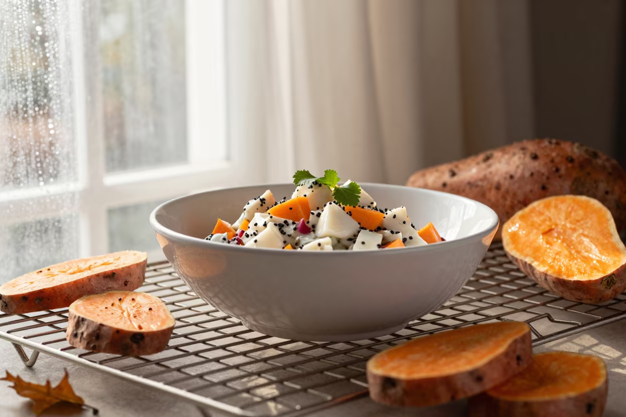 Peruvian Ceviche Bowl Sweet Potato Benha in on a bakery cooling rack in Benha