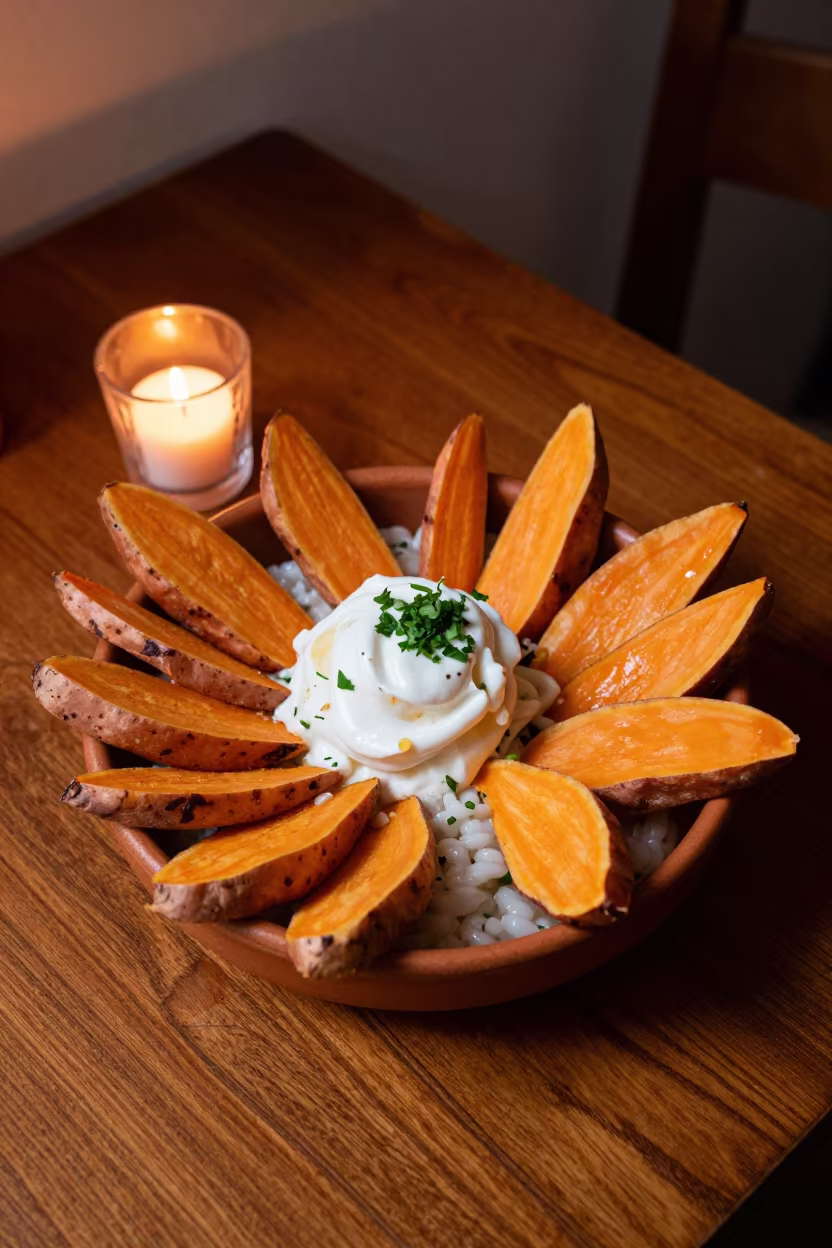 Peruvian Ceviche Bowl with Sweet Potato at Roadside Diner in at a roadside diner table in Skala, Essaouira