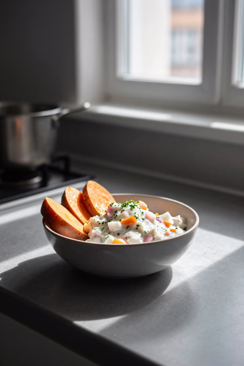 Peruvian Ceviche with Sweet Potato in Copenhagen Kitchen in on a kitchen worktop in Vesterbro, Copenhagen