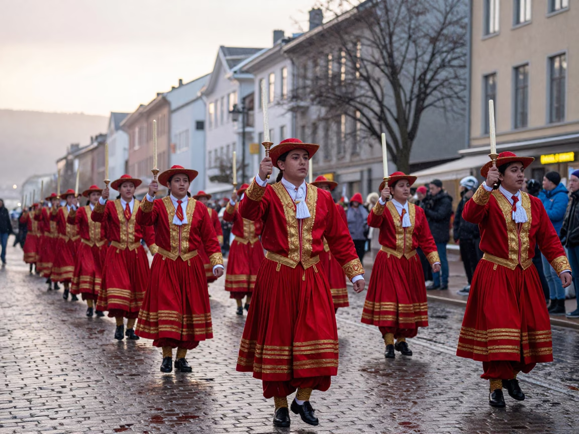Peruvian Dancers in Oslo Dawn Mist in at a festival street procession in Oslo