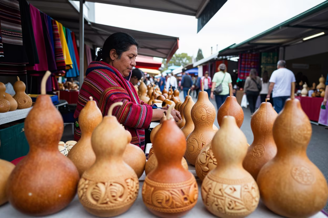 Peruvian Gourd Vendor in St Kilda Market in in a covered bazaar aisle in St. Kilda, Melbourne