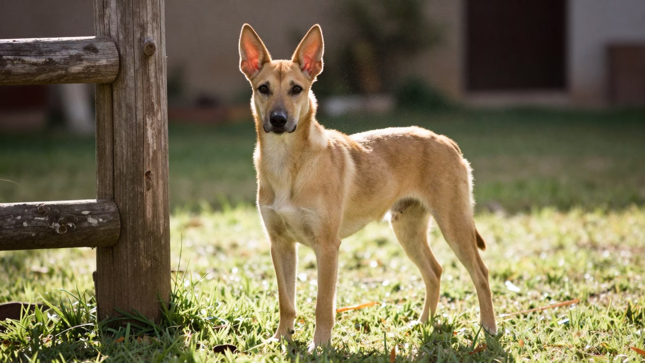 Peruvian Inca Orchid in Mary Yard Portrait in in a small yard with clipped grass, calm light, and the animal centered in frame in Mary