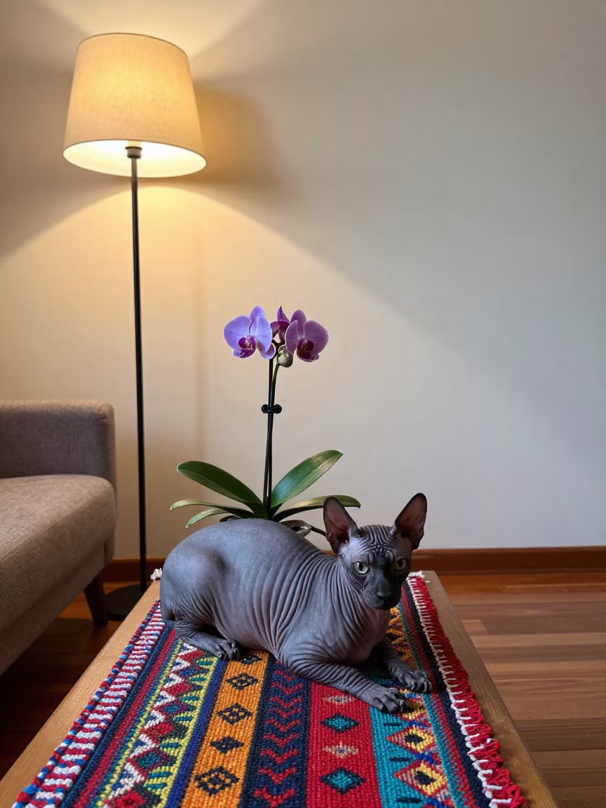 Peruvian Inca Orchid on Woven Rug in Bucaramanga Home in on a woven rug beside a low couch and an uncluttered wall in Bucaramanga