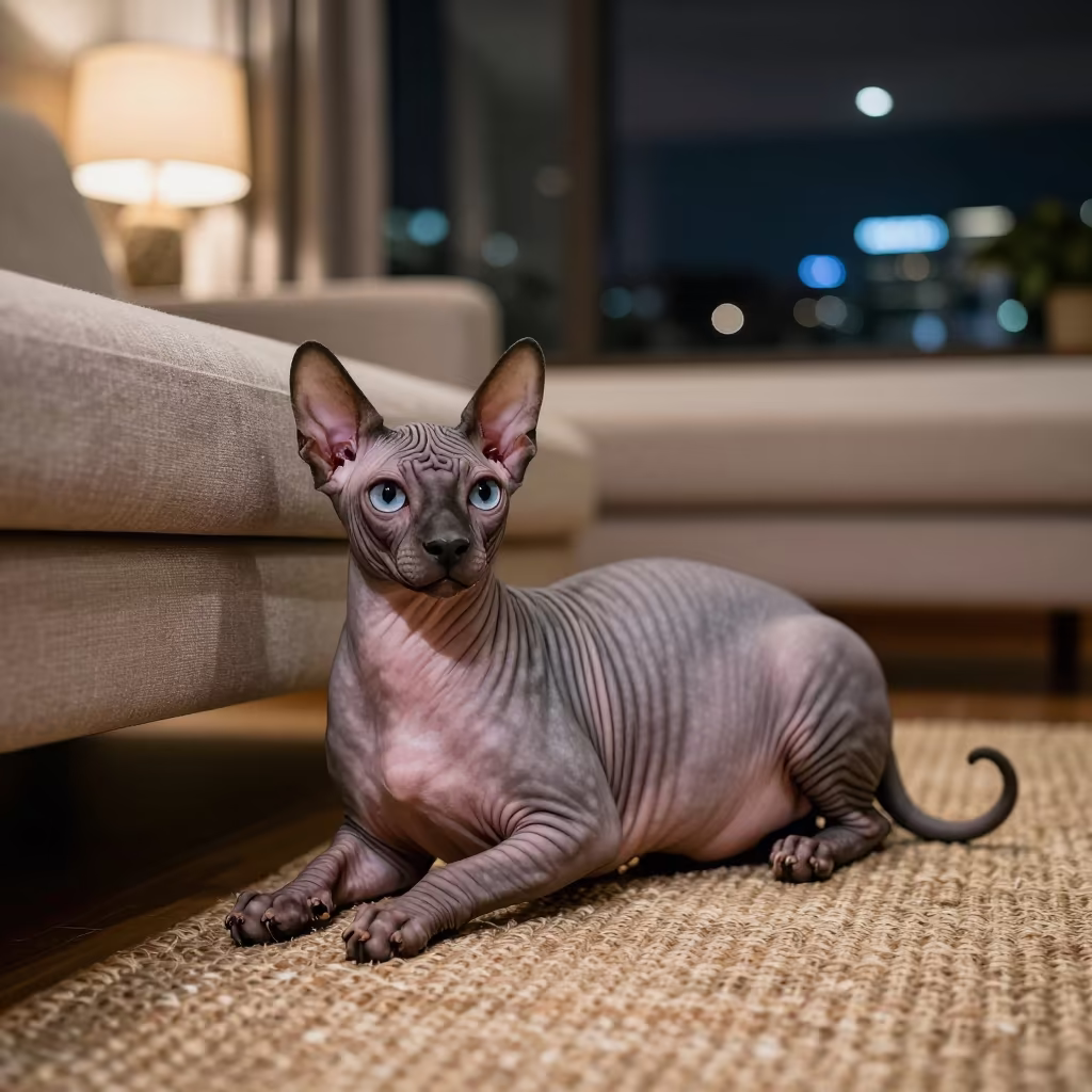 Peruvian Inca Orchid on Woven Rug in Durán Home in on a woven rug beside a low couch and an uncluttered wall in Durán