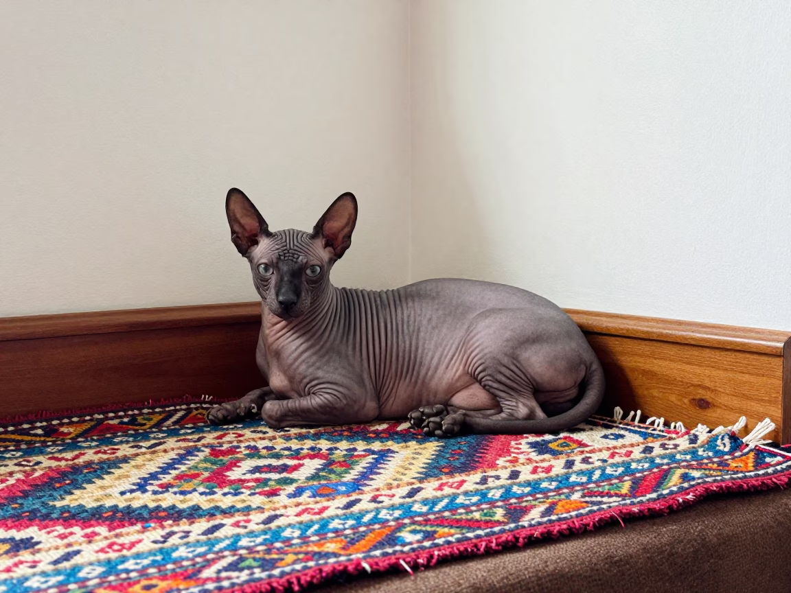 Peruvian Inca Orchid on Woven Rug in Mwanza Home in on a woven rug beside a low couch and an uncluttered wall in Mwanza