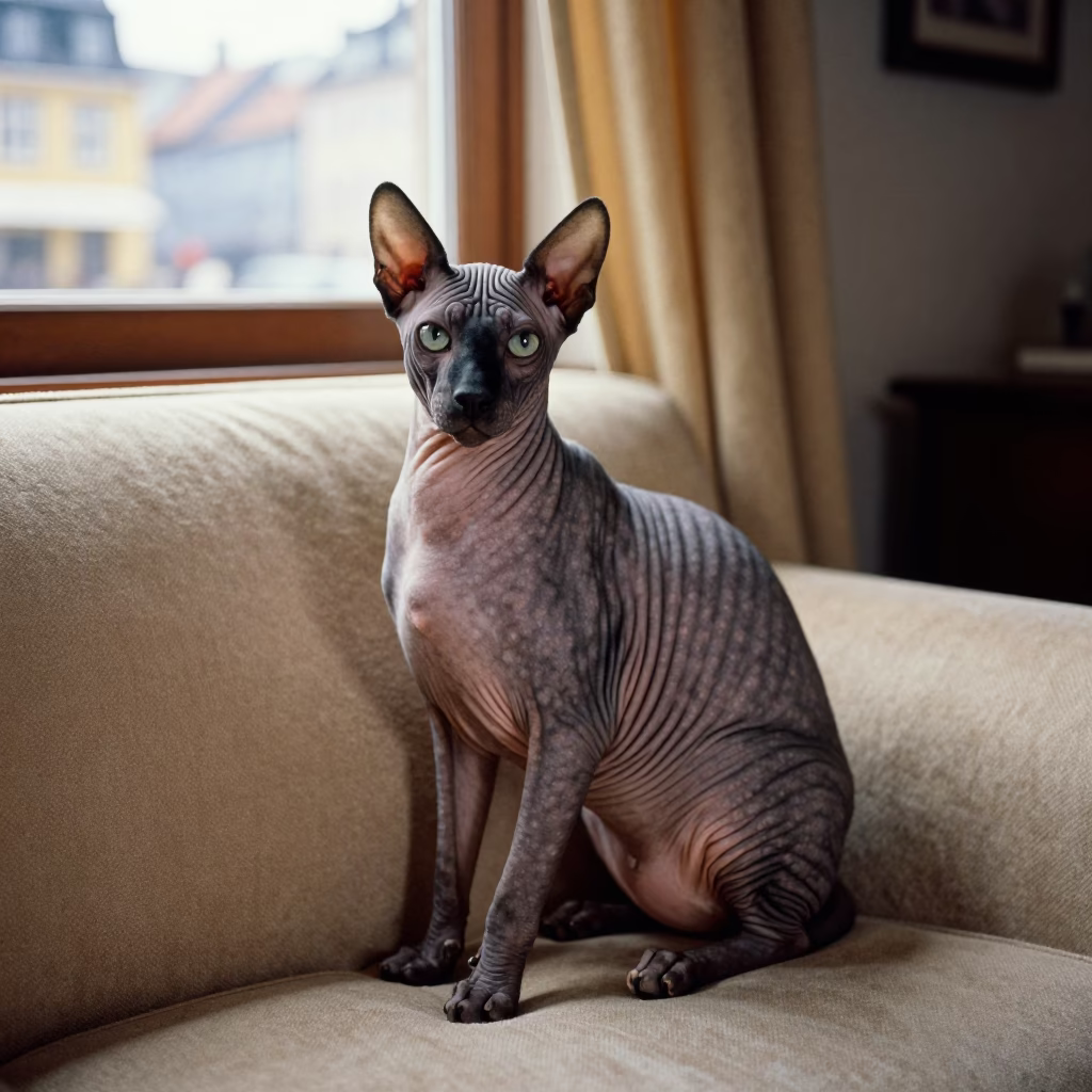 Peruvian Inca Orchid Portrait in Copenhagen Reffen in on a sofa near a curtained window with calm indoor light in Reffen, Copenhagen