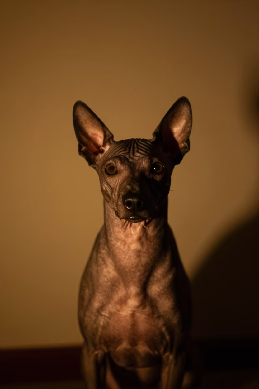 Peruvian Inca Orchid Portrait in Soft Night Light in beside a plain plaster wall in soft indoor light with the animal centered in frame in Harbin