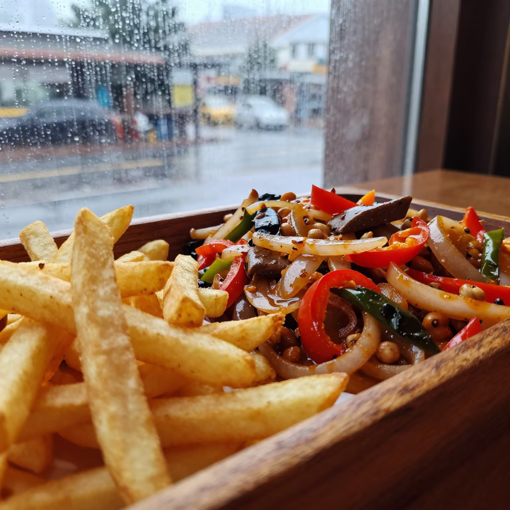 Peruvian Lomo Saltado on Quebec Tea House Tray in on a tea house tray in Quebec City