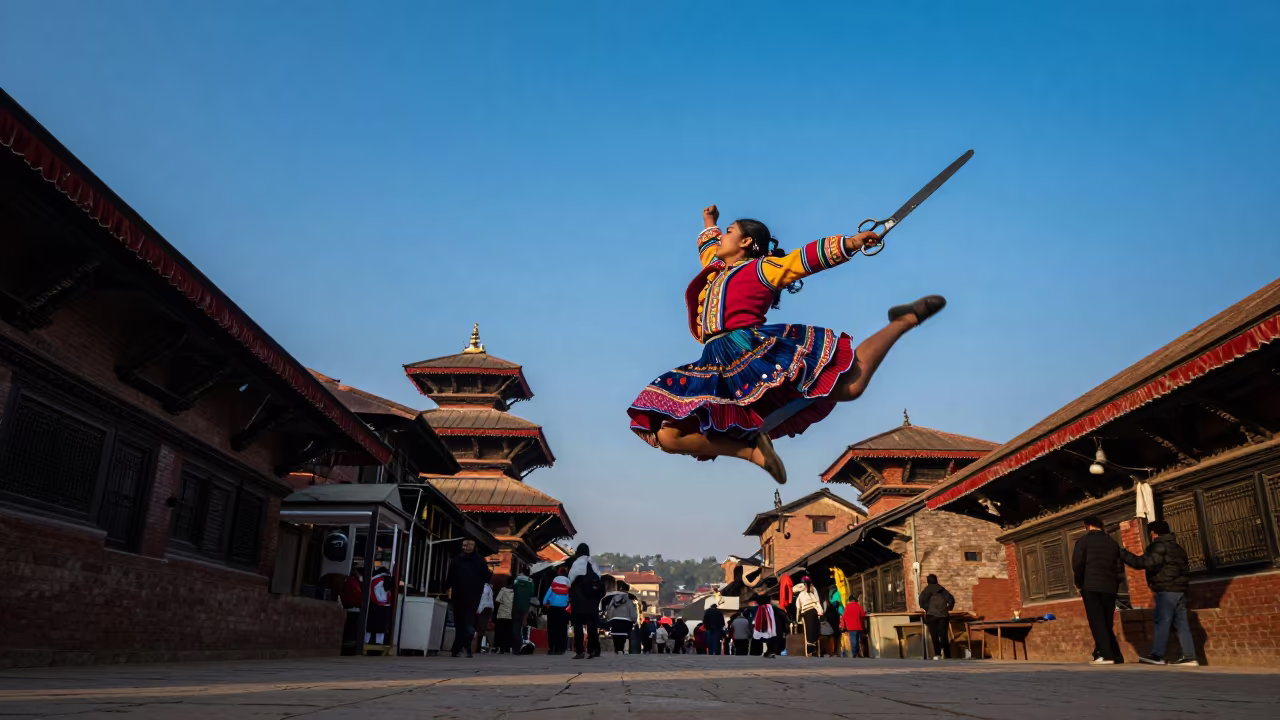 Peruvian Scissors Dancer Leaping in Kathmandu Market Lane in along a market lane in Kathmandu