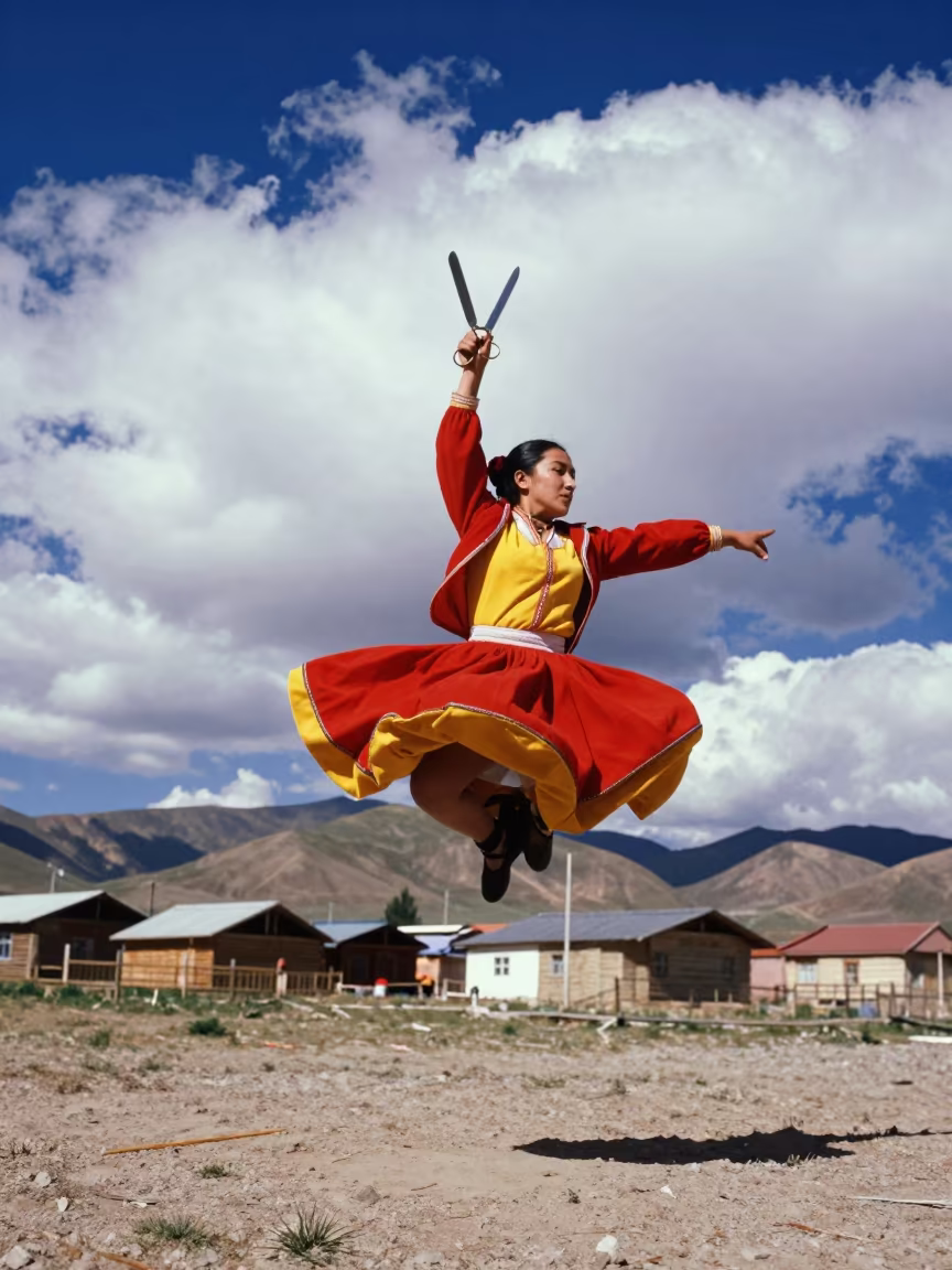 Peruvian Scissors Dancer Leaping in Bishkek Village in in Bishkek