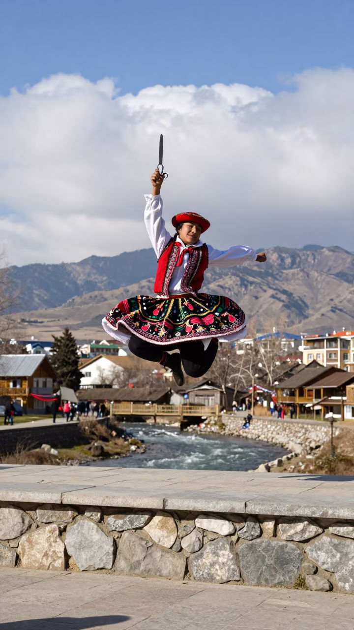 Peruvian Scissors Dancer Leaping in Mountain Village in near a riverside landing in Almaty