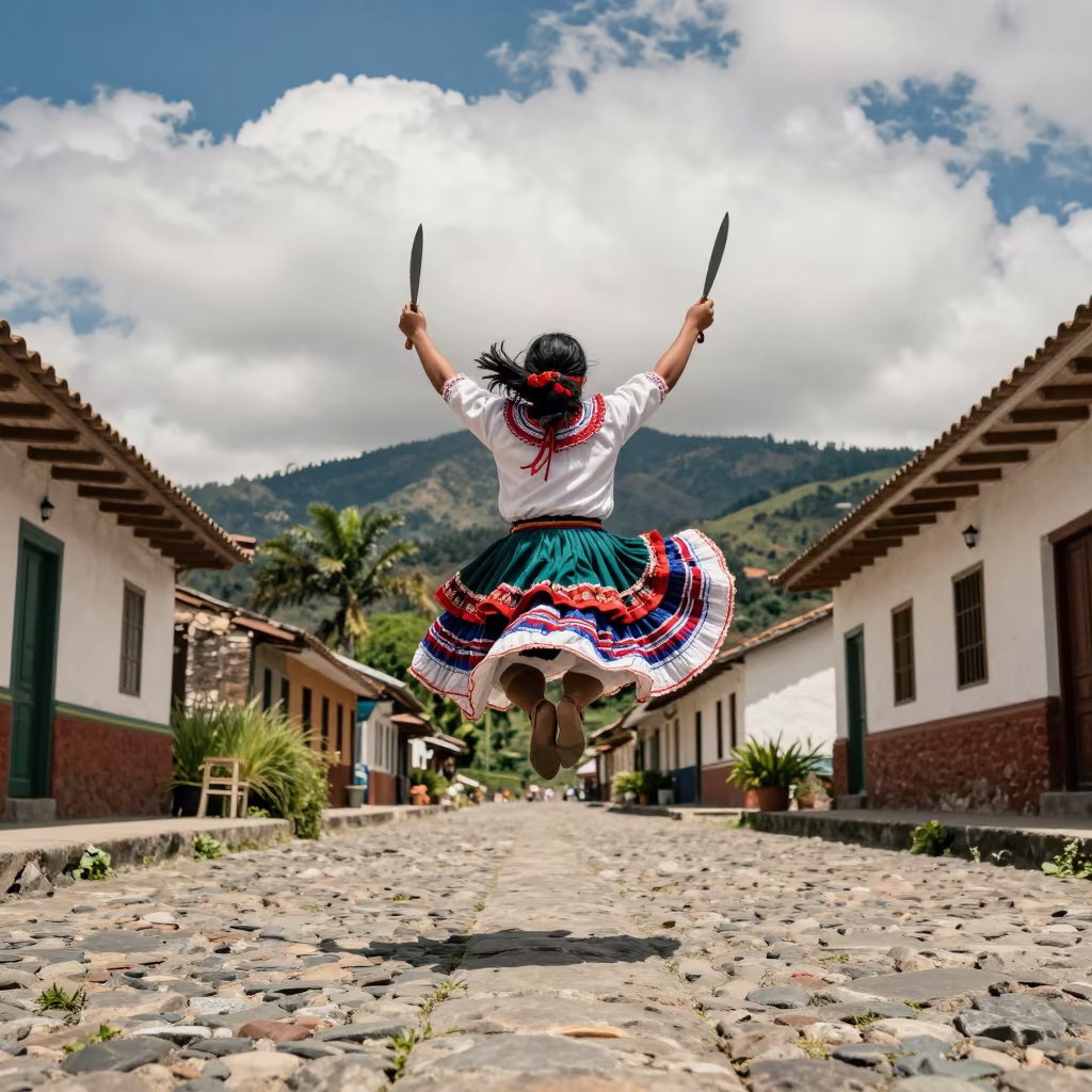 Peruvian Scissors Dancer Mid Leap in Bogotá in in Bogotá