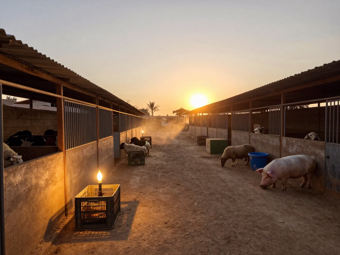 Peruvian Stable Heat Lamp at Sunset in in a stable aisle in Peru