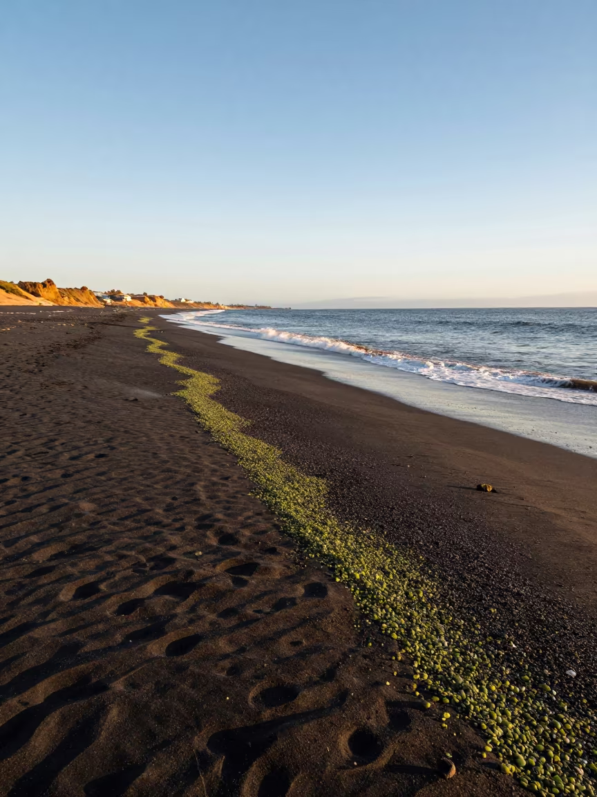 Peruvian Volcanic Beach Olivine Sand Golden Hour in along a wave-cut shoreline in Peru