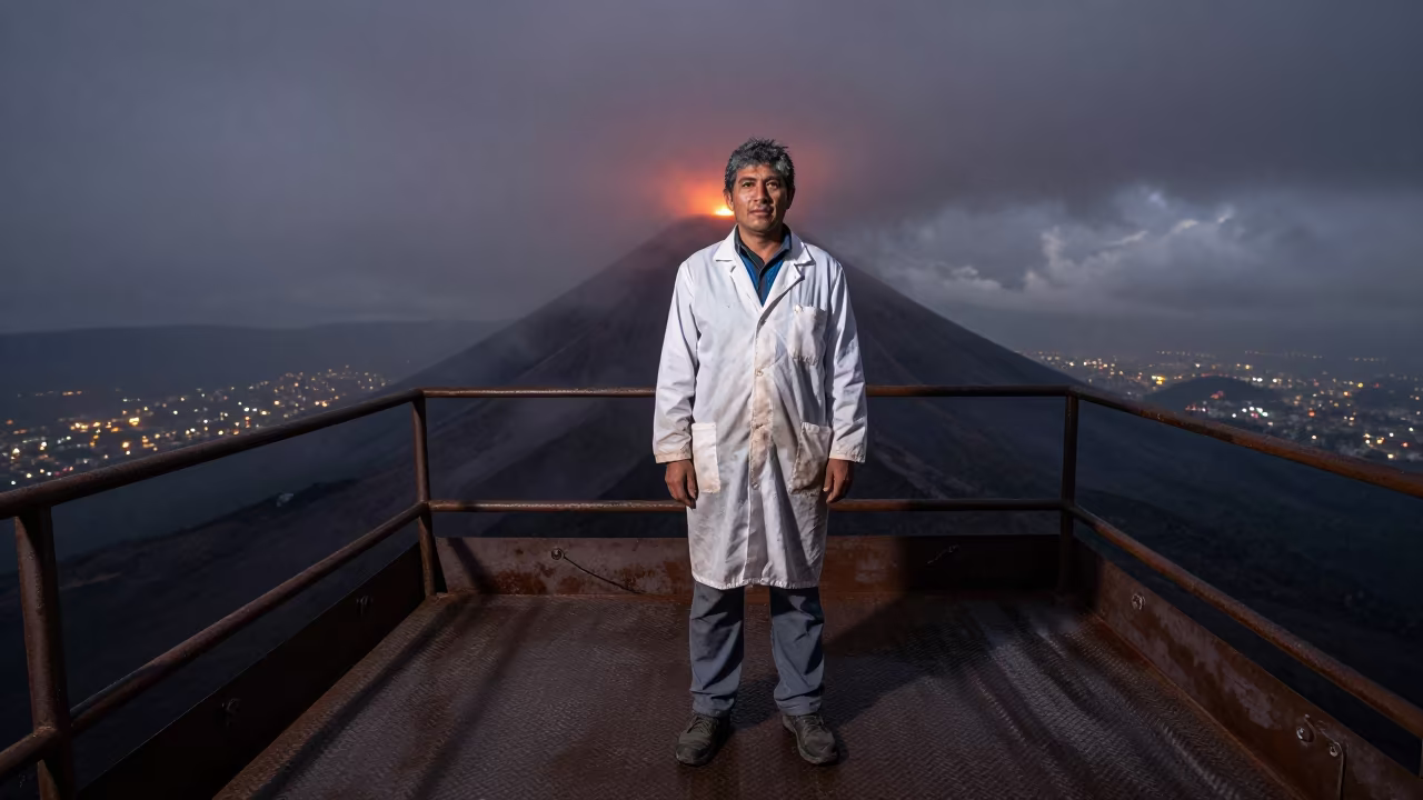 Peruvian Volcano Scientist Amid Ash and City Lights in on a wind-scoured research platform in Peru