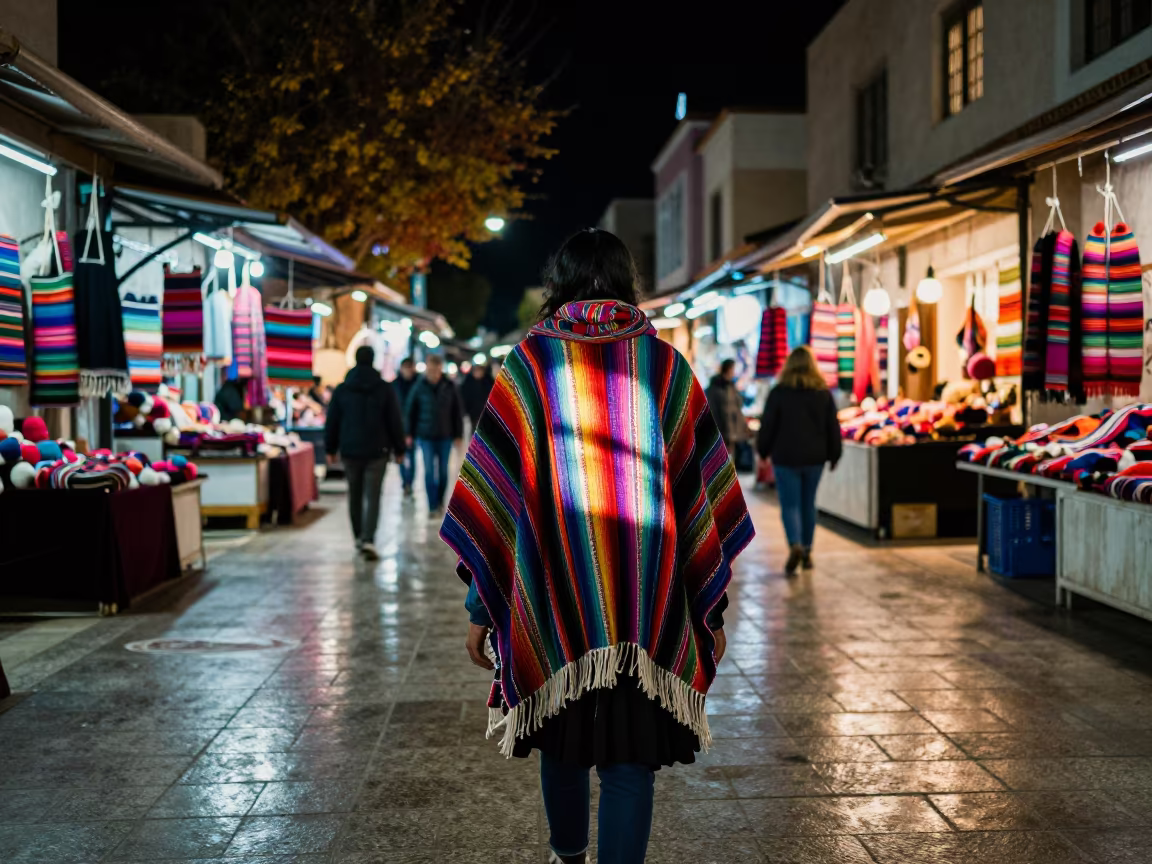 Peruvian Weaver in Neon Market Hall Night in in a market hall in Heraklion