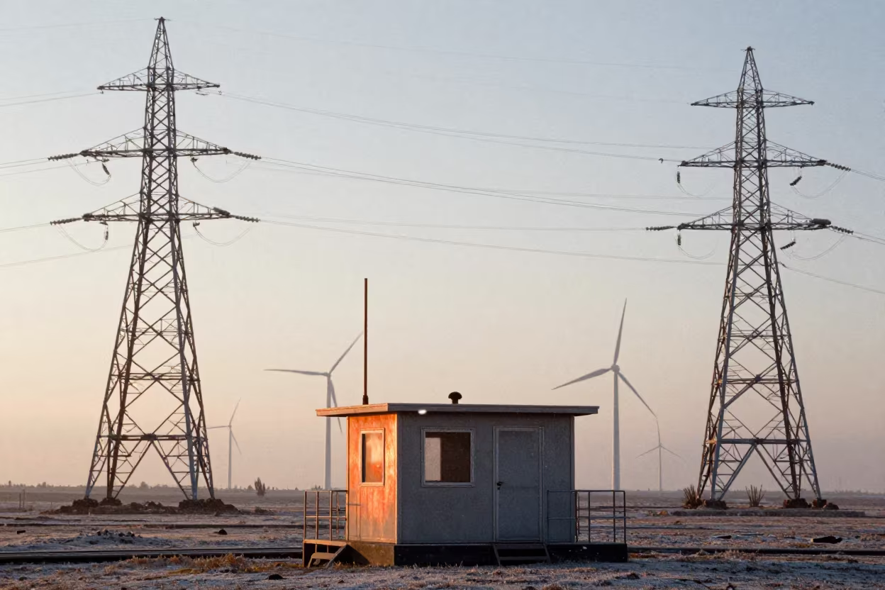 Peruvian Wind Farm Cabin in Golden Sleet Light in beneath transmission towers in Peru