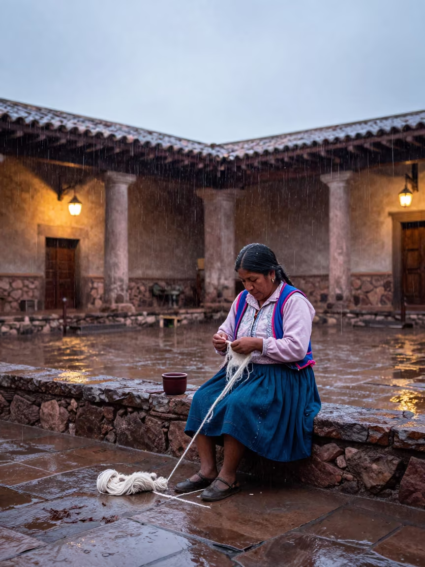 Peruvian Woman Spinning Alpaca Wool at Dawn in in a temple courtyard in San Cristóbal