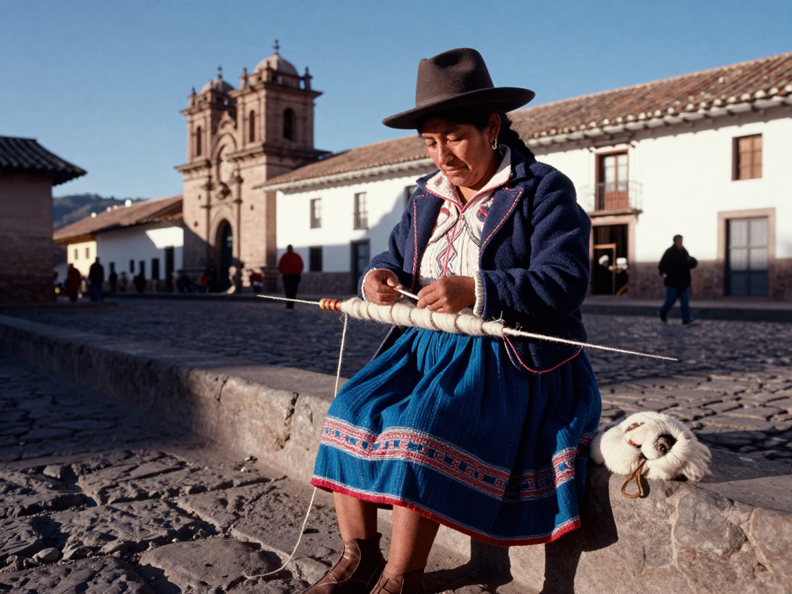 Peruvian Woman Spinning Alpaca Wool in Cusco in in Cusco, Peru