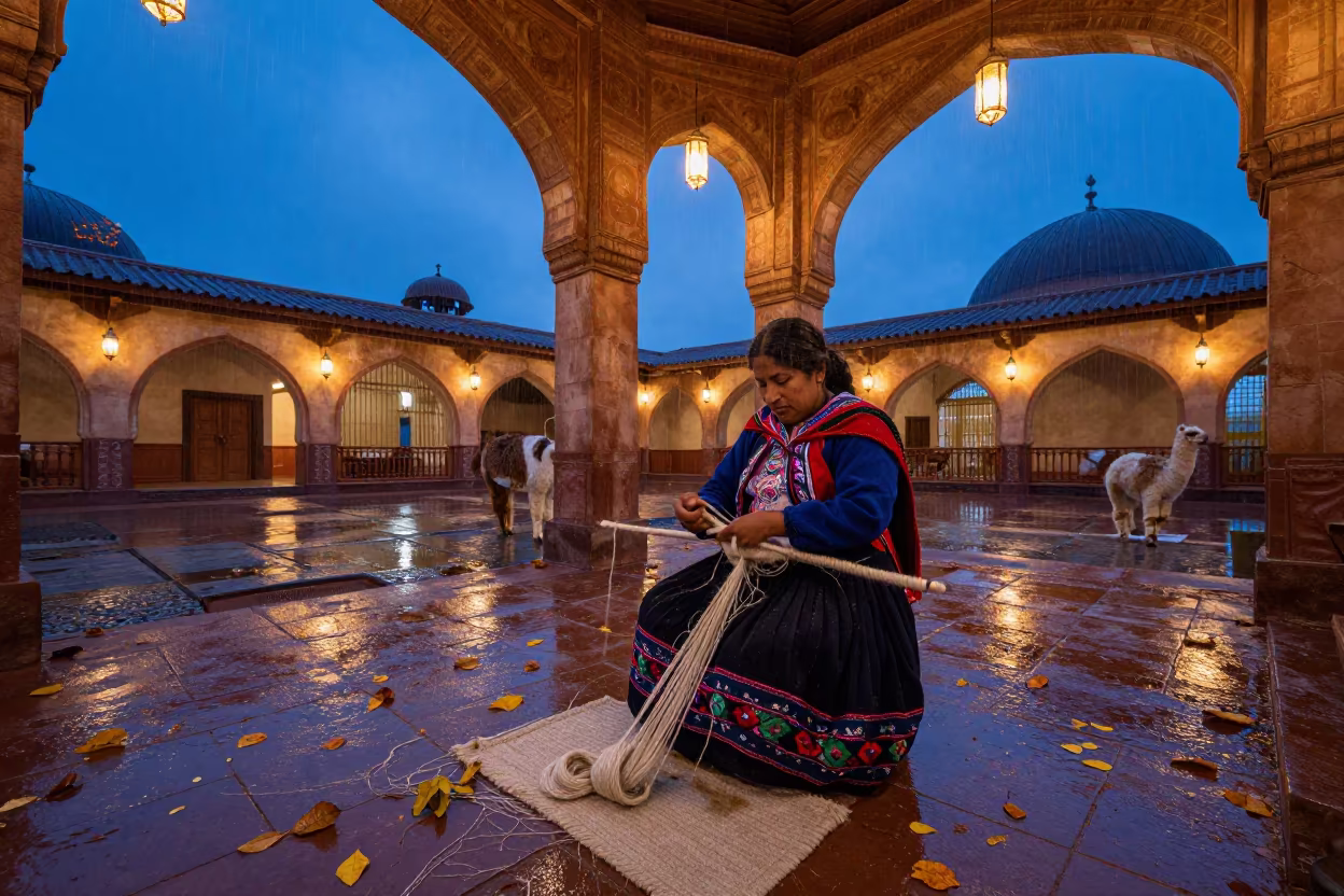 Peruvian Woman Spinning Alpaca Wool in Lahore Shrine in in a shrine lined with lanterns in Lahore