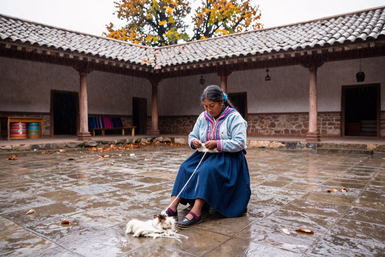 Peruvian Woman Spinning Alpaca Wool in Temple Courtyard in in a temple courtyard near Dibrugarh