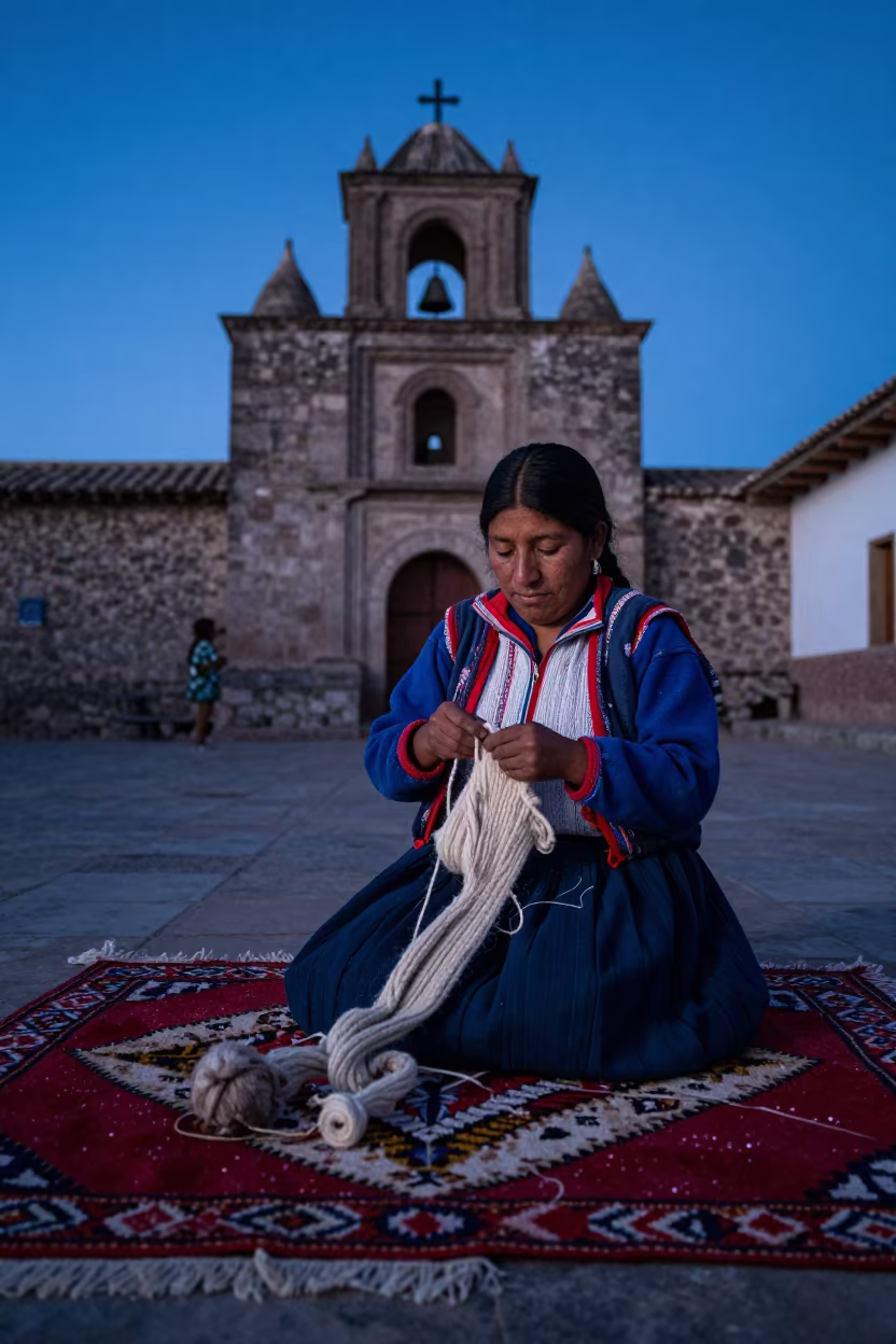 Peruvian Woman Spins Alpaca Wool in Medina Courtyard in in a temple courtyard in Medina