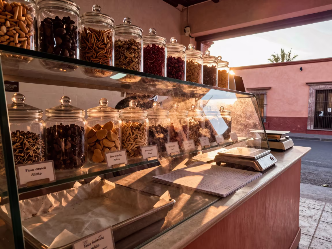 Pet Bakery Counter Evening Glow San Miguel in inside a pet store aisle in San Miguel de Allende